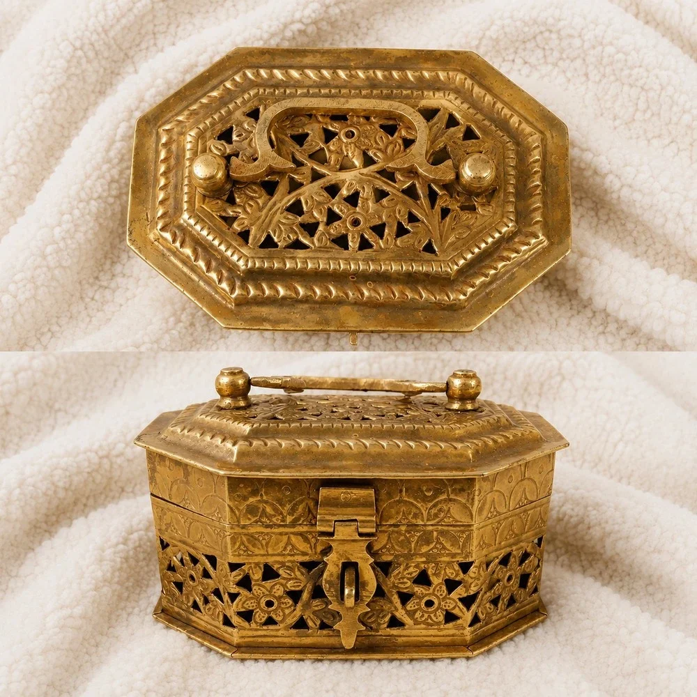 Vintage Brass Filigree Jewelry Trinket Box Hinged Lidded Floral Keepsake Chest